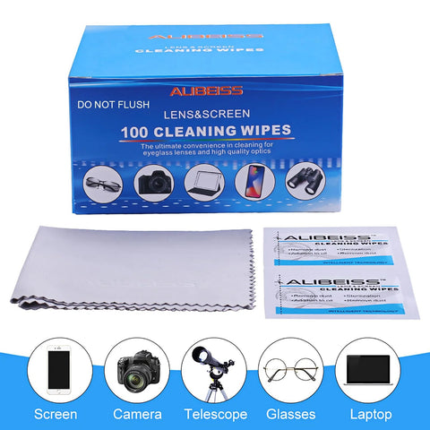 Front view of ALIBEISS Lens & Screen Cleaning Wipes box with 100 wipes and a microfiber cleaning cloth