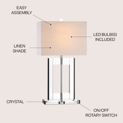 Clear And Black Crystal Table Lamp With Modern Geometric Glam Glass And White Linen Drum Shade 26 Inch Tall LED Bulb Included
