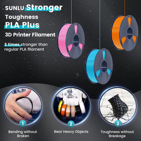 Sunlu PLA Plus 1.75mm 3D printer filament spools set of 3 in pink, blue and orange