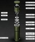Exploded view of a full sized electric bean grinder, highlighting steel burrs and components for espresso brewing.