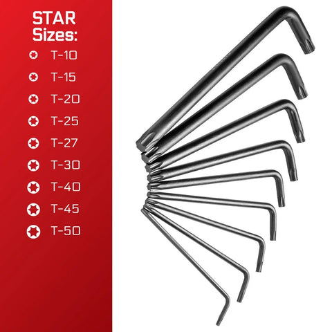 Torx keys T10 to T50 from All-In-One 35 Piece Long Arm Ball End Hex Key Wrench Set With SAE Metric And Torx Bits, S2 Steel