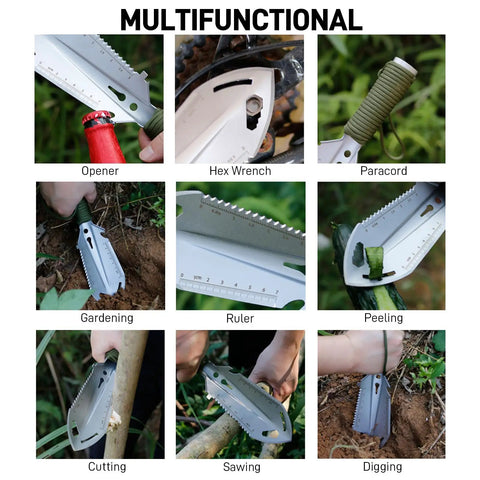 Ultra Lightweight 9-In-1 Mini Camping Shovel Trowel Kit With Saw, displayed with multifunctional uses in various outdoor settings.