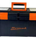 Heavy Duty Plastic Toolbox With Tray And Dividers Black 22 Inch Storage Case For Tools With Removable Lid Compartments Double Latch Security Built For Tough Jobs, front view