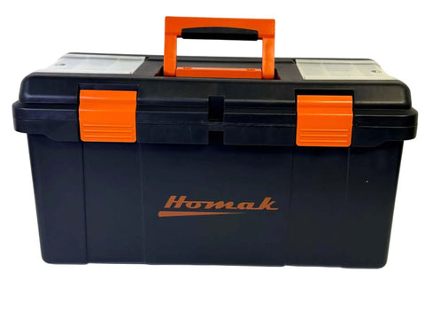 Heavy Duty Plastic Toolbox With Tray And Dividers Black 22 Inch Storage Case For Tools With Removable Lid Compartments Double Latch Security Built For Tough Jobs, front view