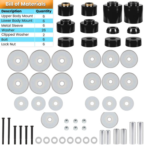 Ford Body Mount Bushing Set Kit For 1980 1998 F150 F250 F350 2WD 4WD Polyurethane Body Cab Mounts With Steel Sleeves And Hardware Black Direct Replacement For Beefed Up Ride Comfort And Reduced Vibration On Heavy Duty Trucks. Body mount kit with bushings, washers, bolts, and steel sleeves
