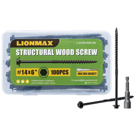 Heavy Duty Timber Screws Six Inch Structural Lag Bolts With Hex Washer Head And Knurled Shank For No Sweat Installs And Rock Solid Wood Framing Comes In A One Hundred Count Pack in a clear container.