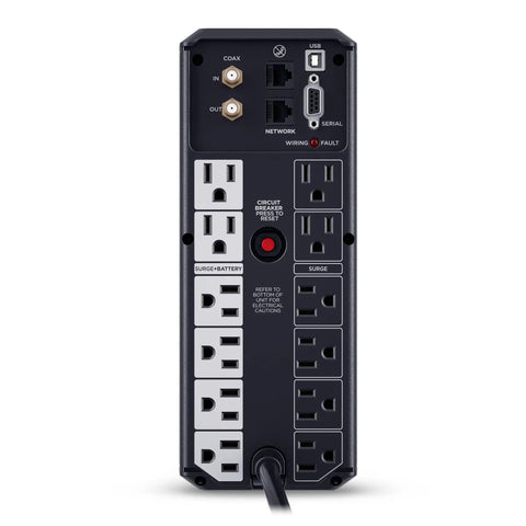 Back view of Intelligent LCD UPS System 1500VA 900W with 12 outlets for home office and media gear, 6 battery backup and surge protected.