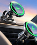 15W MagSafe Car Mount Charger With Magnetic Wireless Phone Holder on dashboard and vent, strong 3M base, dual-mount design.