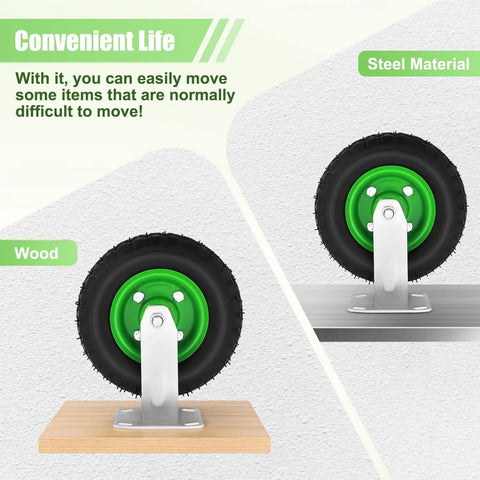 8 Inch Pneumatic Plate Caster Set Featuring Air Filled Rubber Tires And Galvanized Steel Plates on wood and steel surfaces, showcasing mobility.