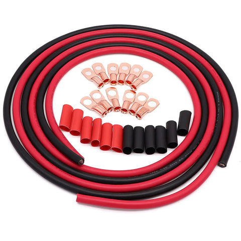 6 AWG Tinned Copper Battery Wire Kit With 13.1 Ft Red And Black Power Cables UL1015 CSA Approved Includes Two 6.5 Ft Cables, Six Three-Eighths Inch Lugs, Six Five-Sixteenths Inch Lugs, Heat Shrink Tubing, OFC Welding Cable For Inverters And Boats. red and black cables, copper lugs, and heat shrink tubing