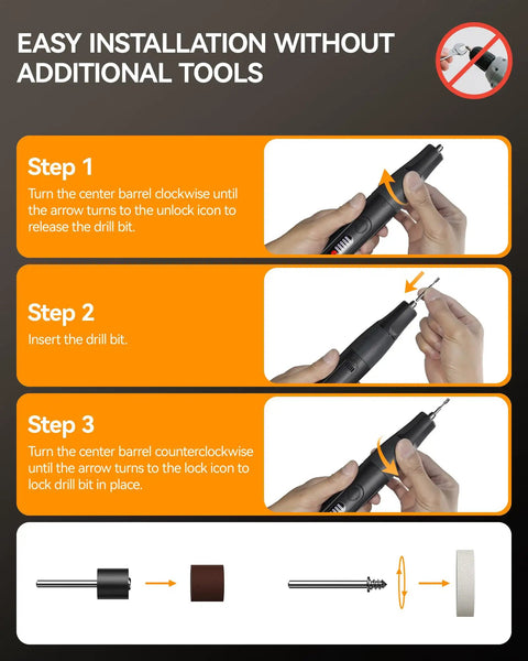 Visual guide on using No Sweat Cordless Rotary Tool 8V With Auto Lock Chuck 5 Speeds 23000 RPM for drill bit installation.