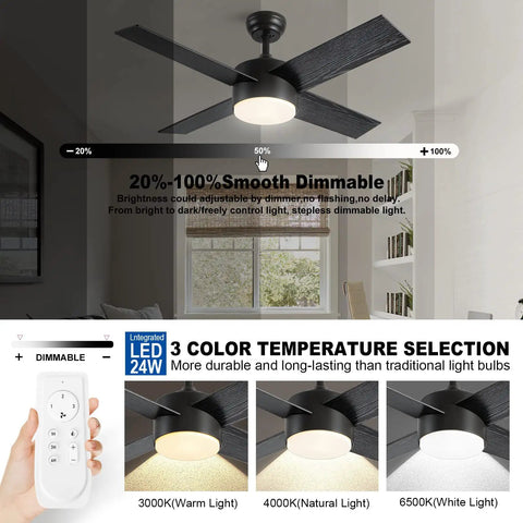 Dope 52 Inch Ceiling Fan With Reversible DC Motor And Dual Remote Control Black And Brown Double Sided Blades For Any Room Energy Efficient Quiet Cooling With Remote Speed Dimming Lights, showing dimmable LED lights and temperature settings
