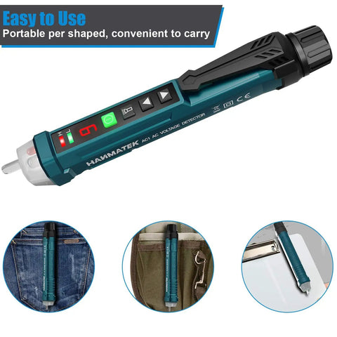 Non Contact Voltage Tester With 9 Gear Adjustable Sensitivity in pocket and clip, AC Voltage Detector shown for portability