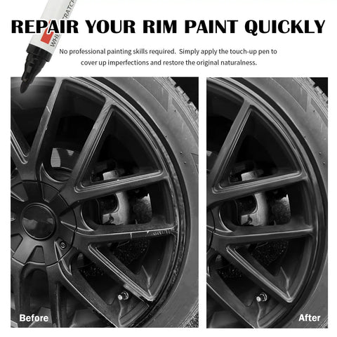 Before and after using Professional Rim Paint Pen For Cars, Auto Touch Up Kit For Quick Scratch Repair on vehicle wheel rim.