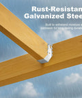 Close-up of 2x8 Joist Hangers Set 50 Pcs 20 Gauge Heavy Duty Face Mount Rafter Brackets For Wood Hurricane Ties installed on beams.