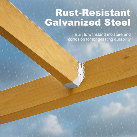 Close-up of 2x8 Joist Hangers Set 50 Pcs 20 Gauge Heavy Duty Face Mount Rafter Brackets For Wood Hurricane Ties installed on beams.