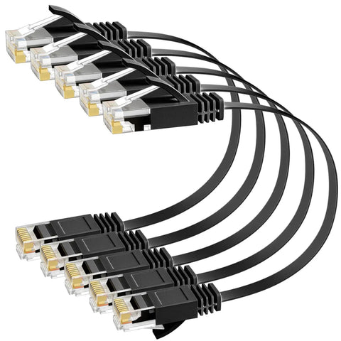Flat Cat6 Ethernet Cable 2 Ft Pack of 5 Slim Patch Cables for Fast Home Internet 30 AWG Pure Copper 10Gbps 500MHz Black