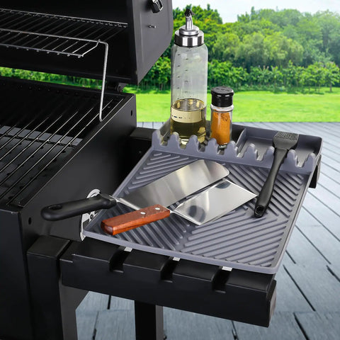 Griddle Mat For Outdoor Grills, Silicone Side Shelf Mat And Drip Pad, 16 By 11.5 Inches, Nonstick Barbecue Caddy For Spatulas And Seasonings, Gray.
