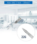 Close-up of 100 Pack 22G 1 Inch Disposable Luer Lock Needles with individual packaging, showing size and tip in lab setting.