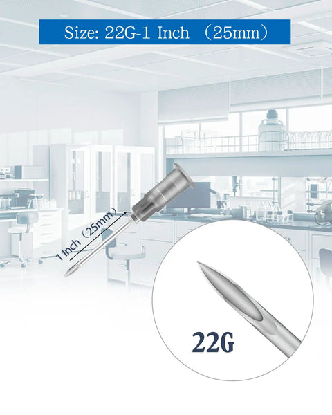 Close-up of 100 Pack 22G 1 Inch Disposable Luer Lock Needles with individual packaging, showing size and tip in lab setting.