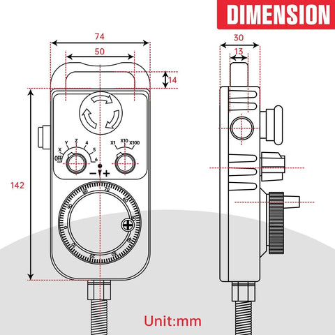 Diagram showing dimensions of 6 Axis CNC Handwheel MPG Pendant With Emergency Stop And Manual Pulse Generator Universal