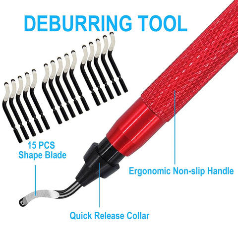 Coeweule premium deburring tool with 15 high-speed steel blades and red ergonomic handle; quick-release collar