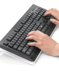 Two Pack Tilted Keyboard Stand In Clear Acrylic For Ergonomic Typing with hands on keyboard