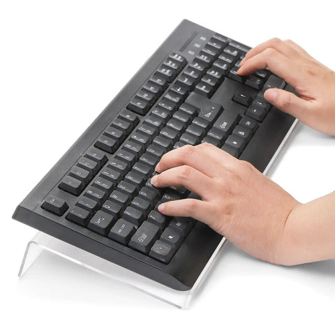 Two Pack Tilted Keyboard Stand In Clear Acrylic For Ergonomic Typing with hands on keyboard