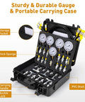 Front view of HOTROSE hydraulic pressure test kit with 5 gauges and connectors in a hard-shell carrying case