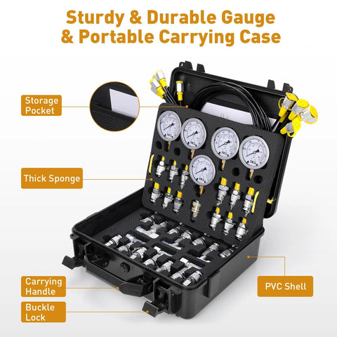 Front view of HOTROSE hydraulic pressure test kit with 5 gauges and connectors in a hard-shell carrying case