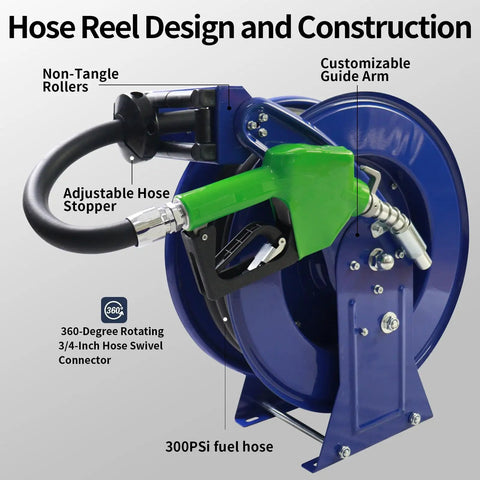 Auto Rewind Fuel Hose Reel Three Quarters Inch By Thirty-Three Feet With Diesel Nozzle And Swivel, Heavy Duty Steel Construction