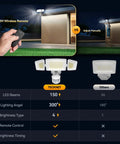 Three Head Outdoor Motion Sensor Flood Light With Remote, 7500 Lumens, 150 LED Beads, 300 Degree Wide Angle, IP66 Waterproof, Four Modes, Great For Garage, Patio, And Yard shown with remote control and comparison chart.