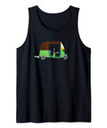 Authentic Tuk Tuk Auto Rickshaw Graphic Tank Top featuring sick Asian travel taxi graphics on black cotton fabric.