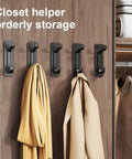 Closet with Five Pack Heavy Duty Adhesive Wall Hooks That Hold Up To 22 Lbs No Drill Install Easy On Clean Removal Sleek Black Finish