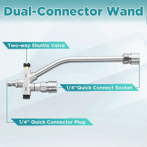Dual-connector wand for pressure washer foam gun, featuring 1/4 inch quick connect socket and plug, part of car wash kit.