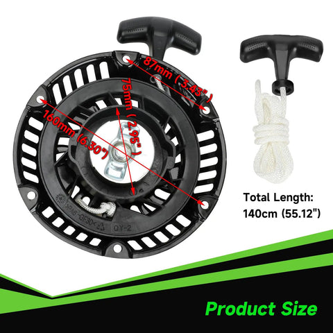 Diagram showing dimensions of Pull Start Recoil Starter Assembly For Predator 212cc 196cc 6.5HP Engines with nylon pull cord