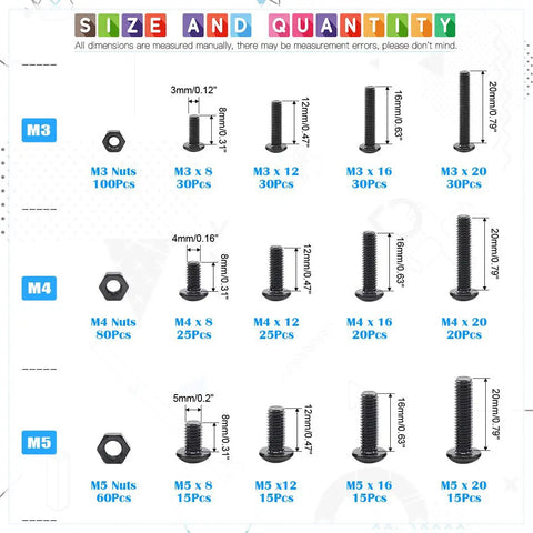 510 Piece M3 M4 M5 Button Head Socket Cap Bolt And Nut Assortment Kit With Black Oxide Finish showing sizes and quantities.