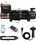 Huge 13500 Lb Electric Winch with 6.4HP motor, waterproof synthetic rope, and remote control for truck recovery.