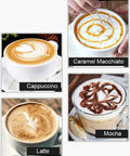 Four stylish coffee cups showcasing creamy latte art, cappuccino, caramel macchiato, and mocha with intricate designs.