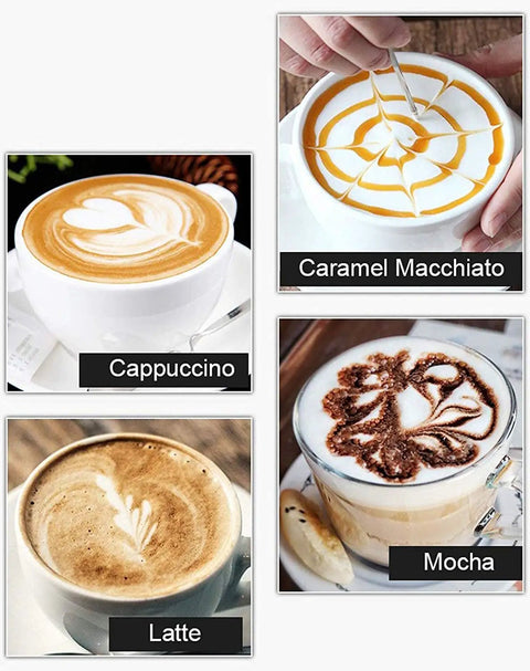 Four stylish coffee cups showcasing creamy latte art, cappuccino, caramel macchiato, and mocha with intricate designs.