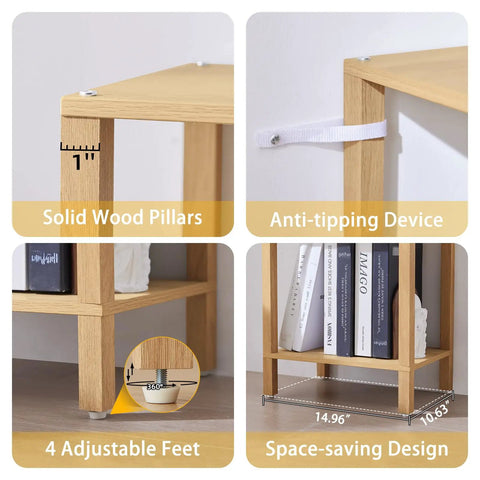 Five Tier Tall Narrow Bookshelf Takes Up Zero Floor Space While Holding All Your Favorites In A Smooth Natural Finish, showcasing solid wood pillars, adjustable feet, and anti-tipping device.