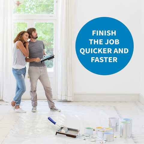 Couple planning home painting with No Fuzz 4 Inch Paint Roller Covers 6 Pack Replacement Roller Refills on floor with paint cans.