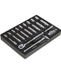 22 Piece Three Eighths Inch Drive Socket Tray Set For Standard And Deep Sockets SAE With 72 Tooth Ratchet And 5 Degree Swing