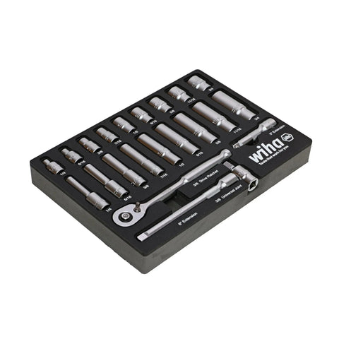 22 Piece Three Eighths Inch Drive Socket Tray Set For Standard And Deep Sockets SAE With 72 Tooth Ratchet And 5 Degree Swing