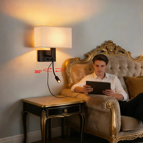 Hardwired Black Wall Sconce With USB Port And Reading Lamp next to a man on a sofa, features linen shade, modern design, dual switches