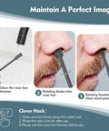 Steps to use 2-In-1 Nose Hair Trimmer With Dual-Sided Blade And Cleaning Brush, showing cleaning, trimming, and rotating brush action