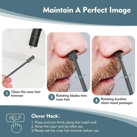 Steps to use 2-In-1 Nose Hair Trimmer With Dual-Sided Blade And Cleaning Brush, showing cleaning, trimming, and rotating brush action