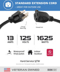 Black Outdoor Extension Cord 8 Ft Waterproof 16 Gauge 3 Wire SJTW Heavy Duty 13 Amp 3 Prong For Home And Garden Weather Resistant