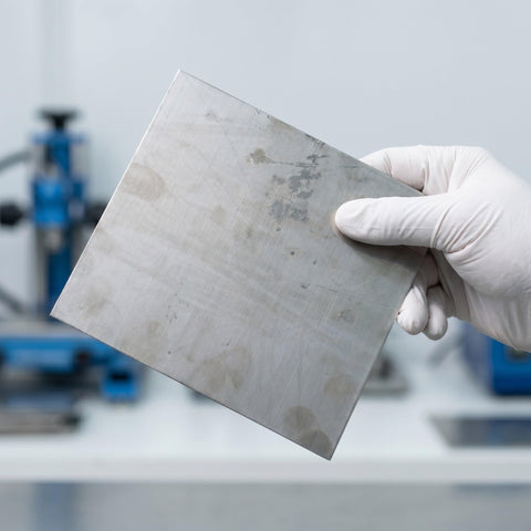 Top Shelf Stainless Steel Square Sheets 2 Pack 15X15X0.08Cm held in hand, showcasing sleek finish for precise fabrication.