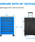 Comparison of Rock Solid Rolling Tool Chest With Seven Smooth Ball Bearing Drawers And Heavy Duty Swivel Casters to a 28-inch suitcase